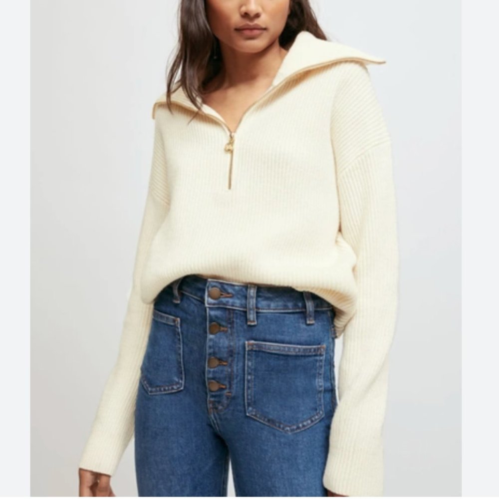 Maje Matelot White Zip Up Wide Collar Jumper Sweater